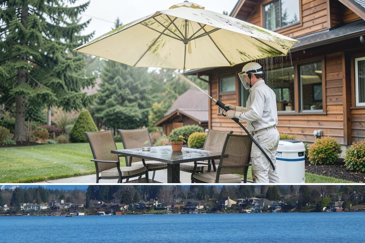 Pergola Cleaning in Lake Stevens, Snohomish County, WA - Late spring cleans off the winter's mildew and needle buildup so the pergola is ready for the outdoor season.