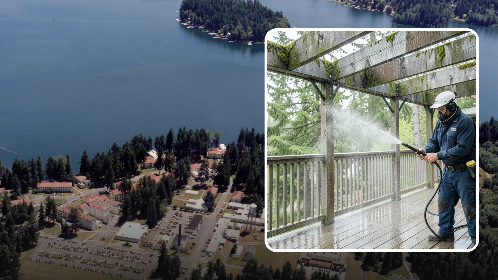 Pergola Cleaning in Lakewood, Pierce County, WA - Clean wood, vinyl, and metal pergolas to clear the moss, mildew, and needle debris that gather on the overhead beams.