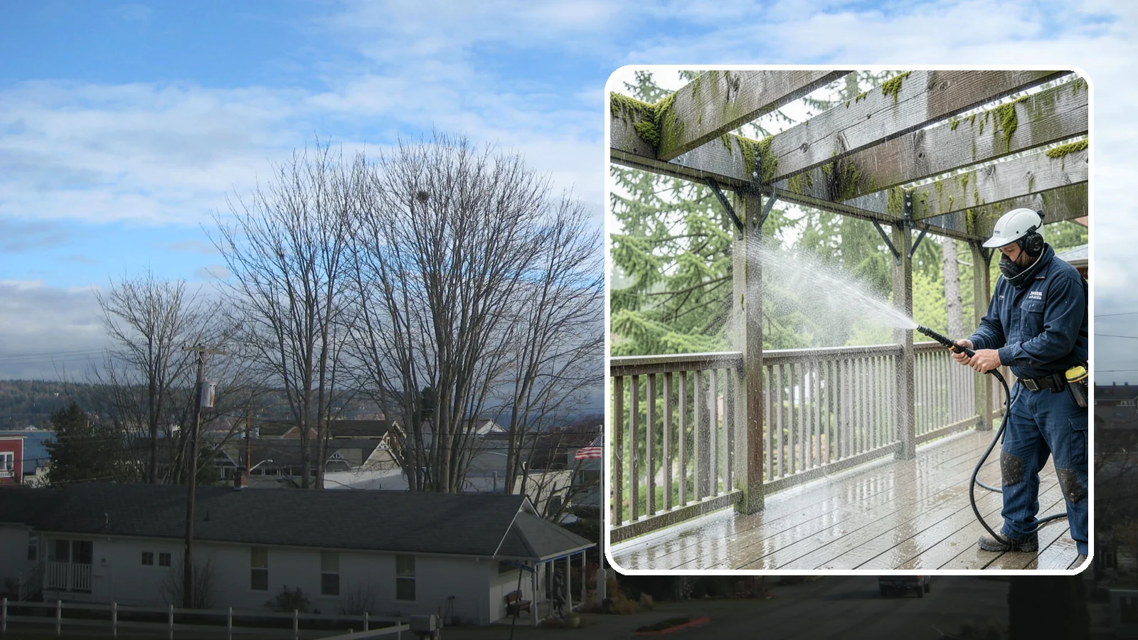 Pergola Cleaning in Langley, Island County, WA - Clean wood, vinyl, and metal pergolas to clear the moss, mildew, and needle debris that gather on the overhead beams.