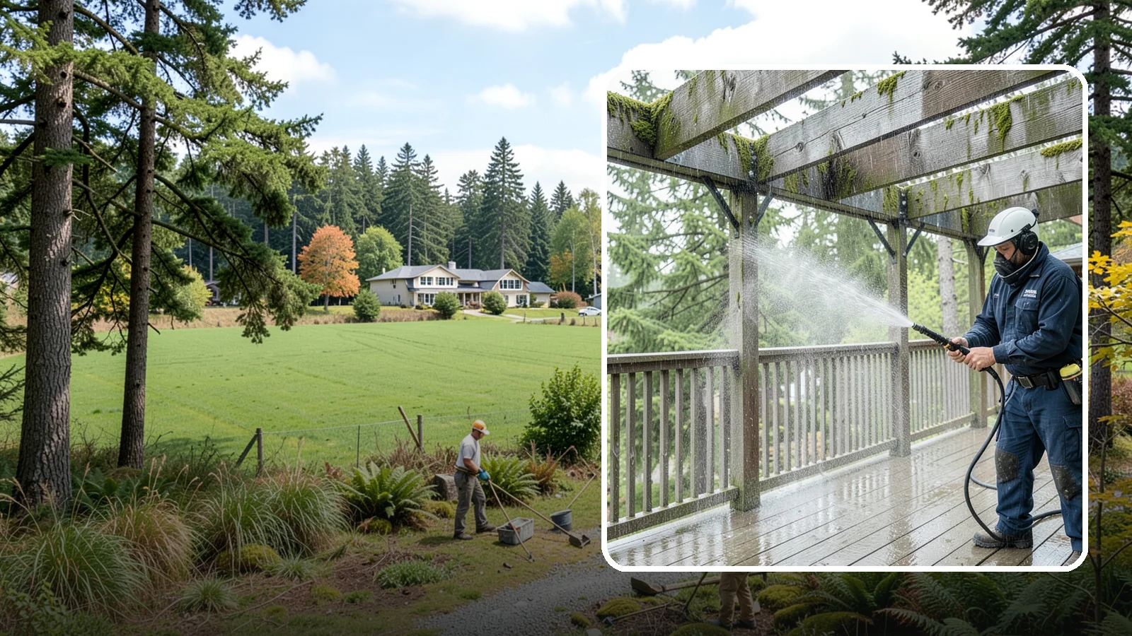 Pergola Cleaning in Lyman, Skagit County, WA - Clean wood, vinyl, and metal pergolas to clear the moss, mildew, and needle debris that gather on the overhead beams.