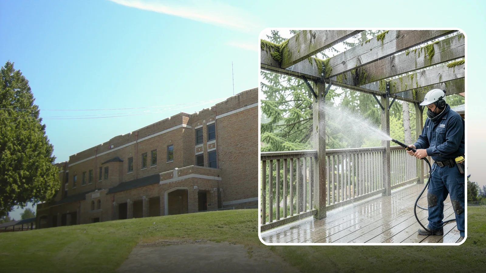 Pergola Cleaning in Maple Valley, King County, WA - Clean wood, vinyl, and metal pergolas to clear the moss, mildew, and needle debris that gather on the overhead beams.
