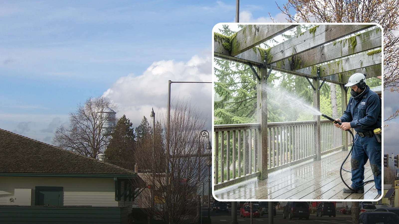 Pergola Cleaning in Marysville, Snohomish County, WA - Clean wood, vinyl, and metal pergolas to clear the moss, mildew, and needle debris that gather on the overhead beams.