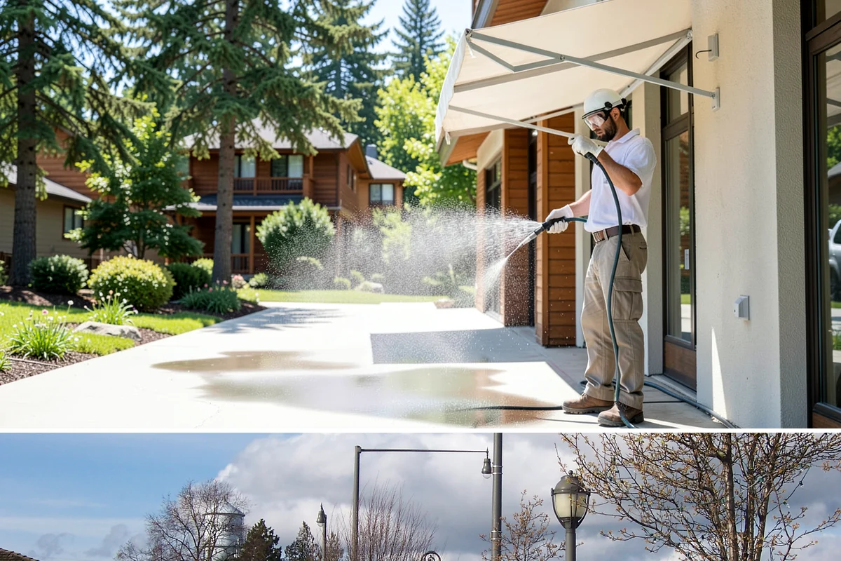 Pergola Cleaning in Marysville, Snohomish County, WA - Late spring cleans off the winter's mildew and needle buildup so the pergola is ready for the outdoor season.