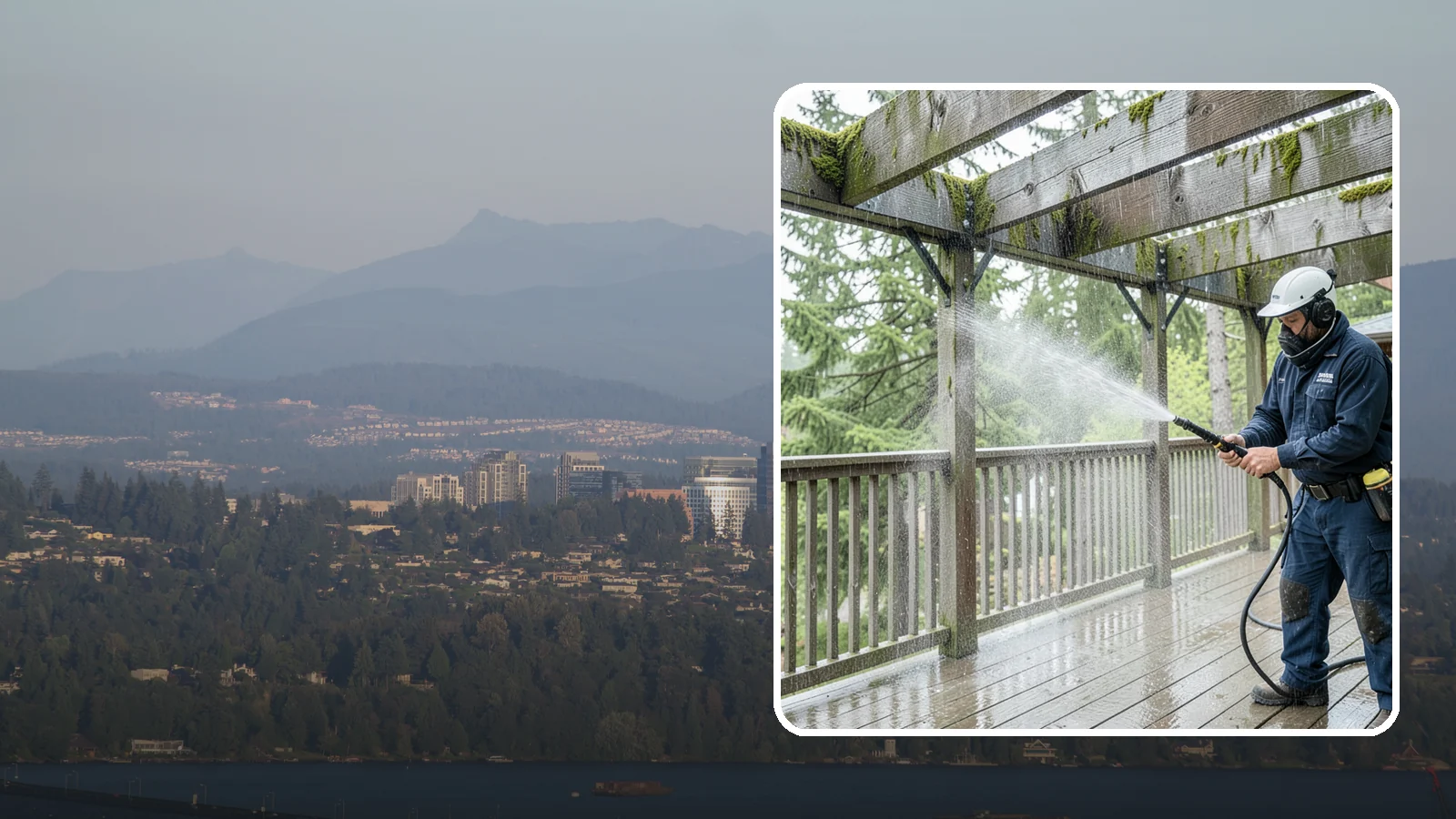Pergola Cleaning in Medina, King County, WA - Clean wood, vinyl, and metal pergolas to clear the moss, mildew, and needle debris that gather on the overhead beams.