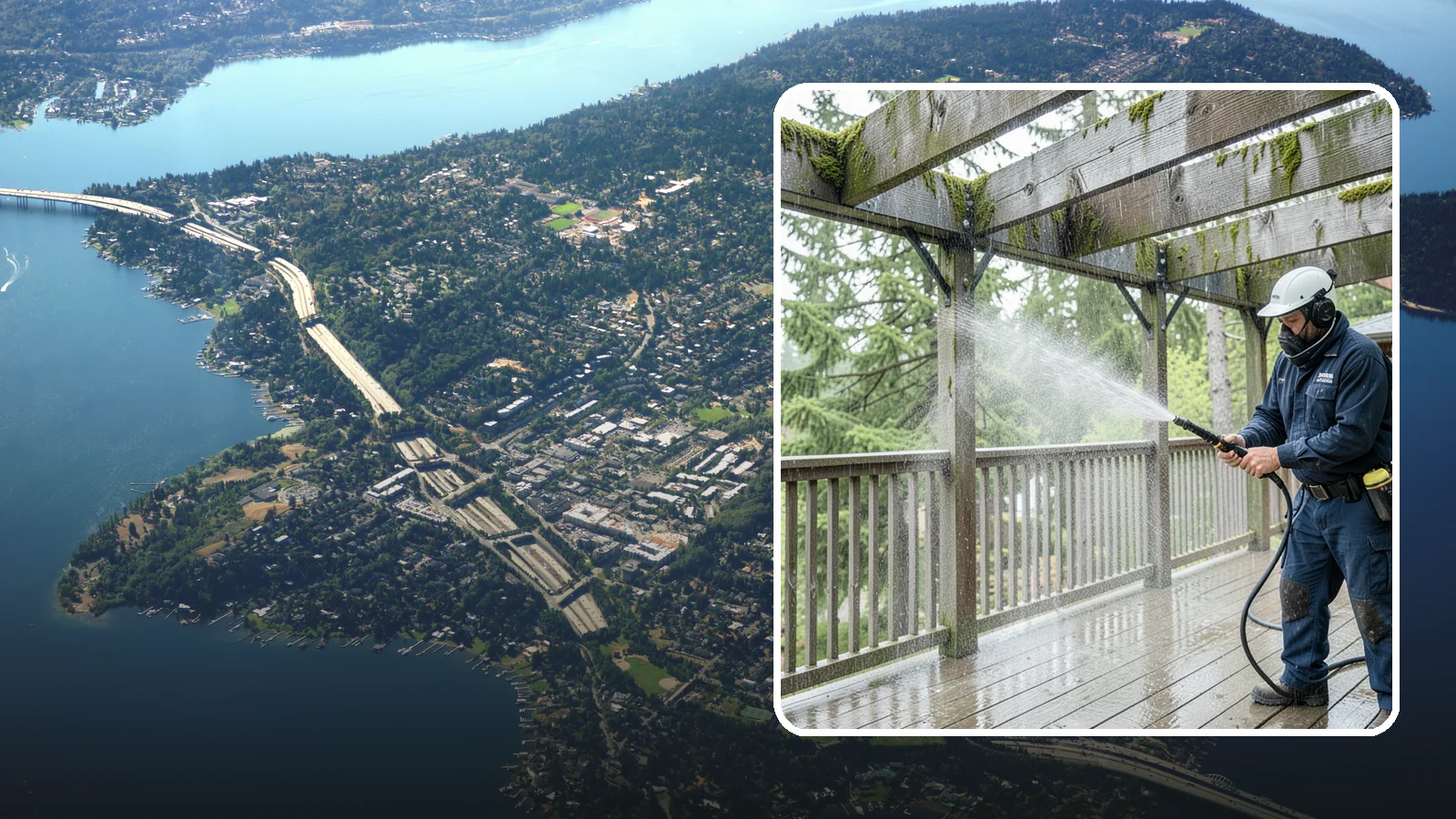 Pergola Cleaning in Mercer Island, King County, WA - Clean wood, vinyl, and metal pergolas to clear the moss, mildew, and needle debris that gather on the overhead beams.