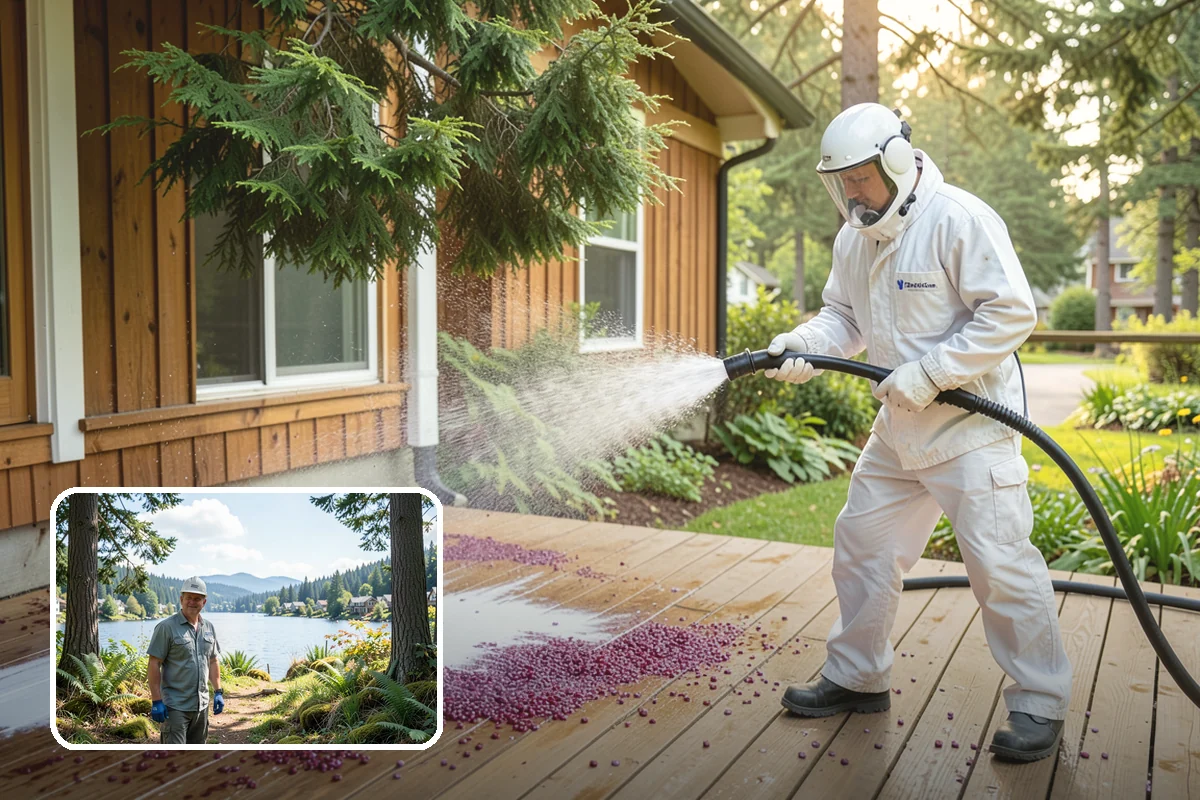 Pergola Cleaning in Milton, King County, WA - Clears mildew and moss from shaded overhead beams