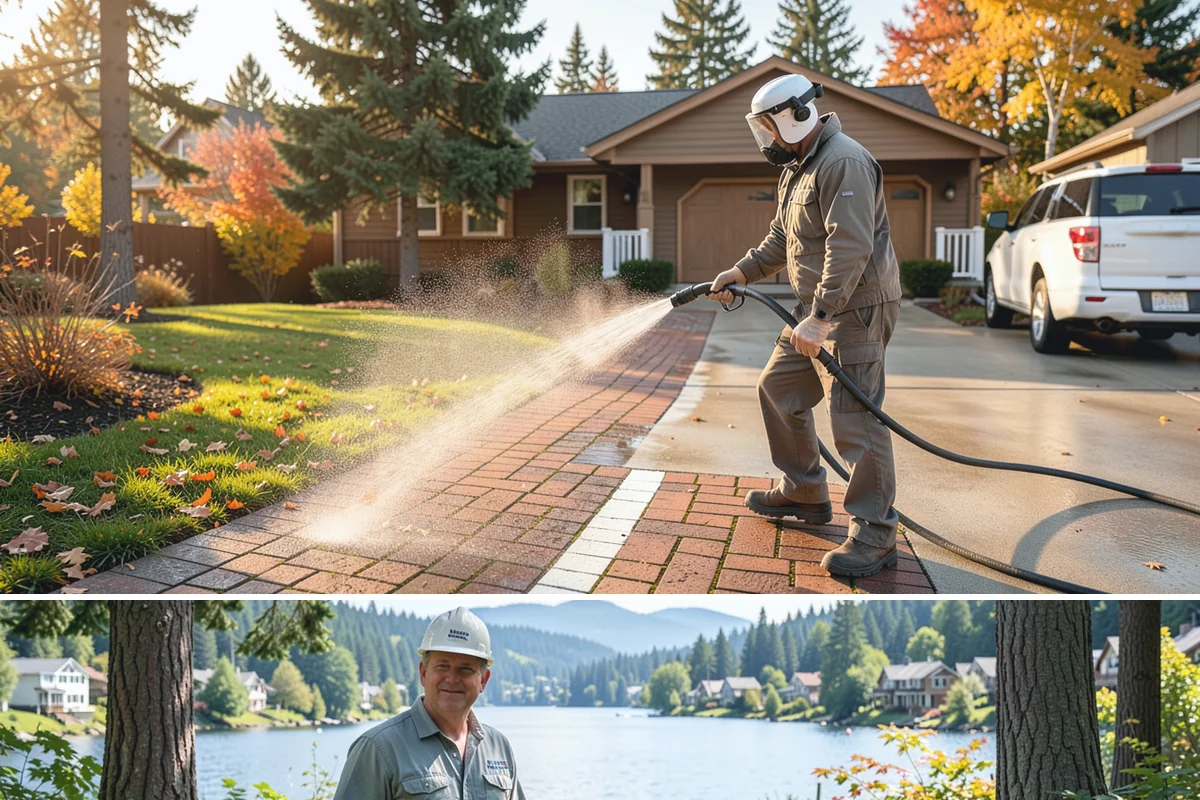 Pergola Cleaning in Milton, King County, WA - Late spring cleans off the winter's mildew and needle buildup so the pergola is ready for the outdoor season.