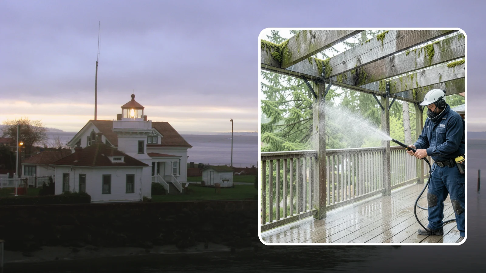 Pergola Cleaning in Mukilteo, Snohomish County, WA - Clean wood, vinyl, and metal pergolas to clear the moss, mildew, and needle debris that gather on the overhead beams.