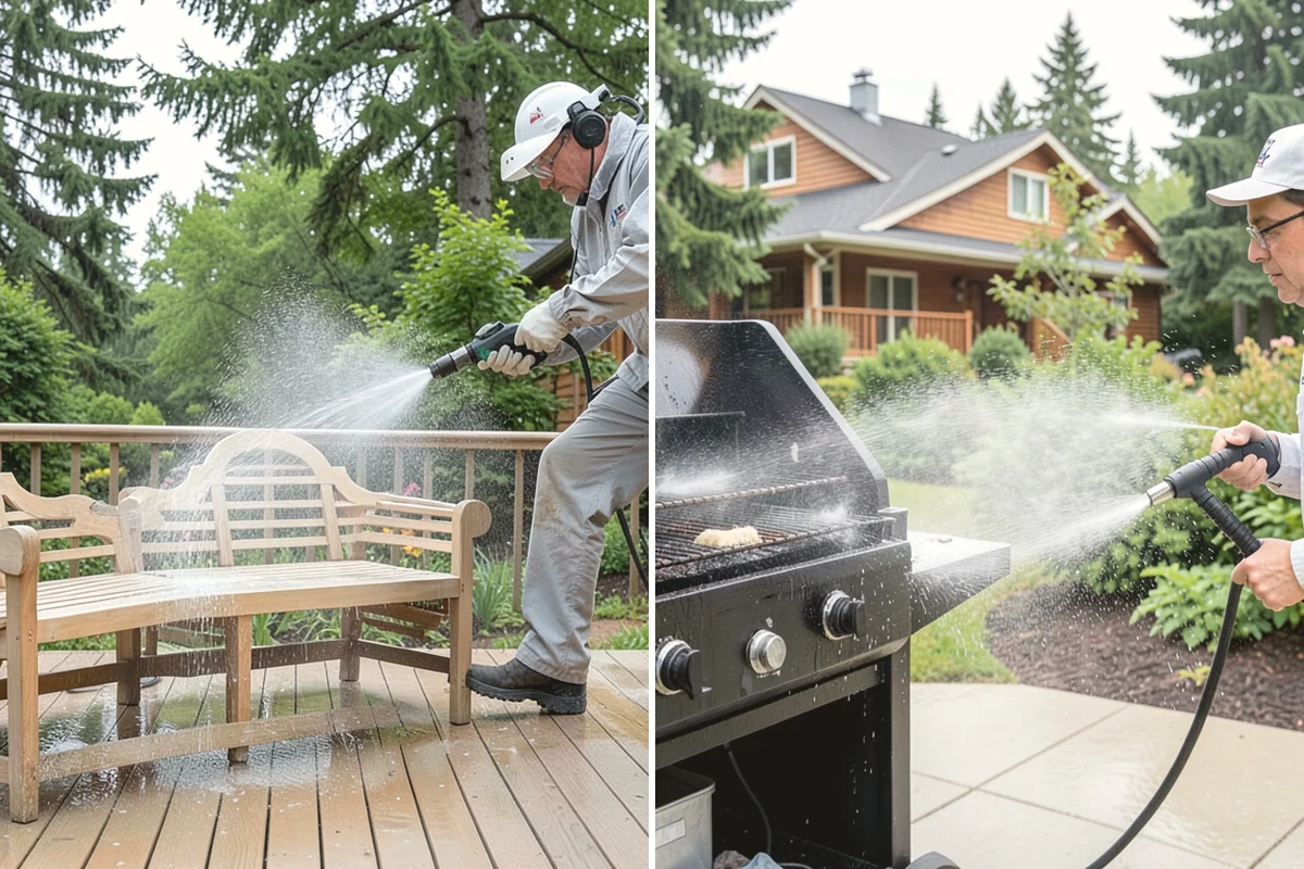 Pergola Cleaning in Mukilteo, Snohomish County, WA - Clear loose debris from the top slats and joints