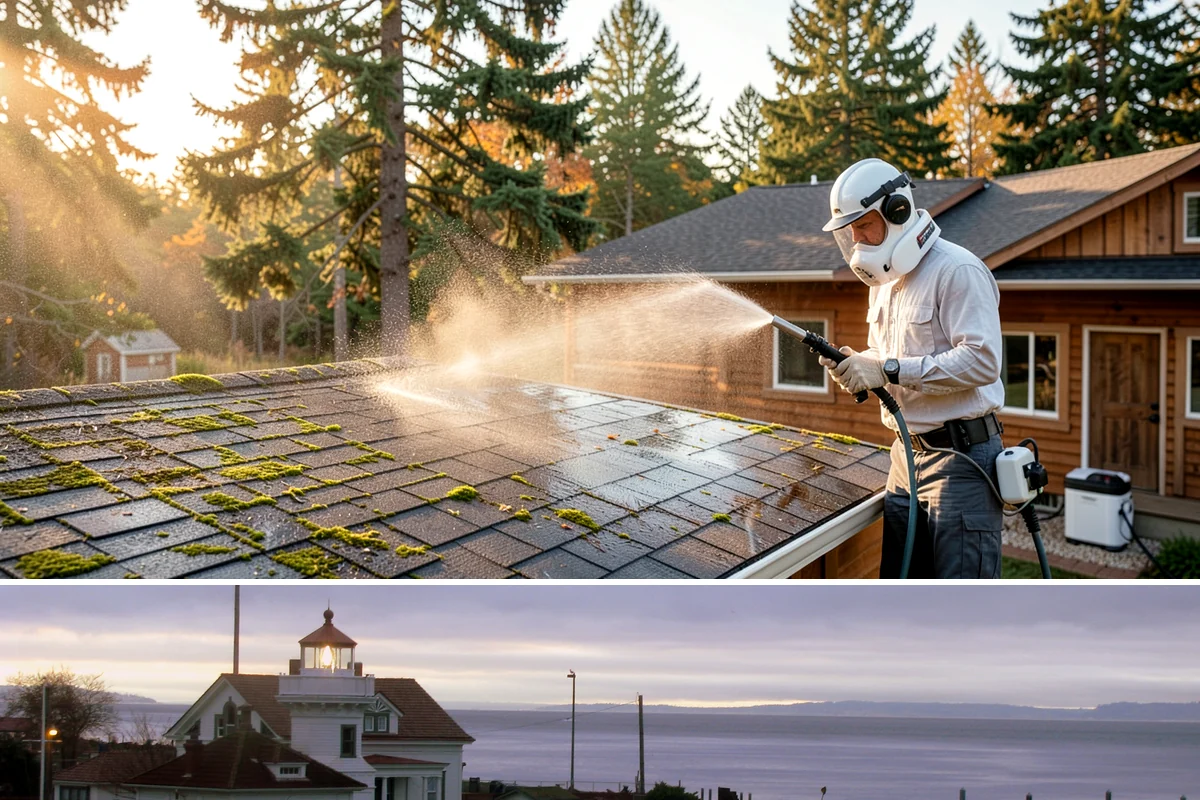 Pergola Cleaning in Mukilteo, Snohomish County, WA - Late spring cleans off the winter's mildew and needle buildup so the pergola is ready for the outdoor season.