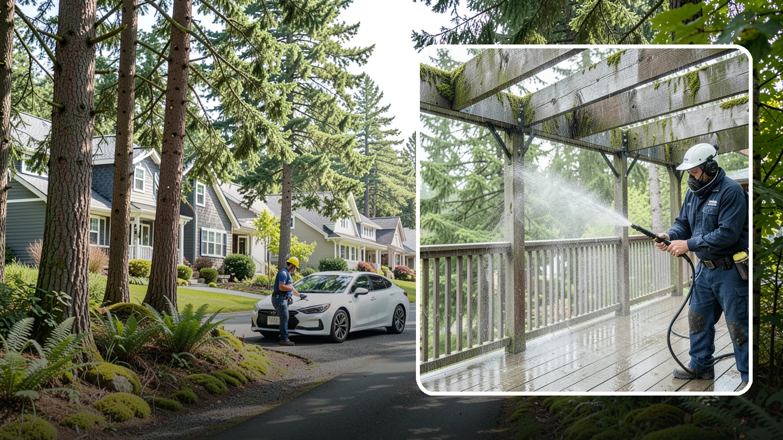 Pergola Cleaning in Normandy Park, King County, WA - Clean wood, vinyl, and metal pergolas to clear the moss, mildew, and needle debris that gather on the overhead beams.