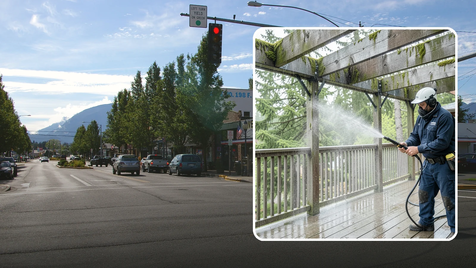 Pergola Cleaning in North Bend, King County, WA - Clean wood, vinyl, and metal pergolas to clear the moss, mildew, and needle debris that gather on the overhead beams.