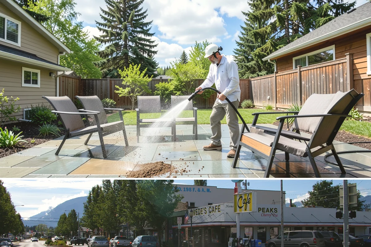 Pergola Cleaning in North Bend, King County, WA - Late spring cleans off the winter's mildew and needle buildup so the pergola is ready for the outdoor season.