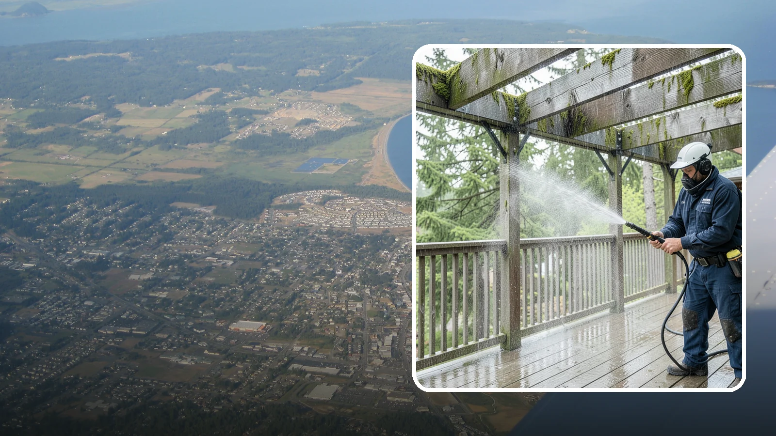 Pergola Cleaning in Oak Harbor, Island County, WA - Clean wood, vinyl, and metal pergolas to clear the moss, mildew, and needle debris that gather on the overhead beams.