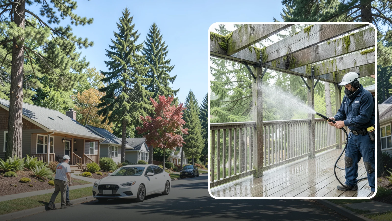 Pergola Cleaning in Orting, Pierce County, WA - Clean wood, vinyl, and metal pergolas to clear the moss, mildew, and needle debris that gather on the overhead beams.