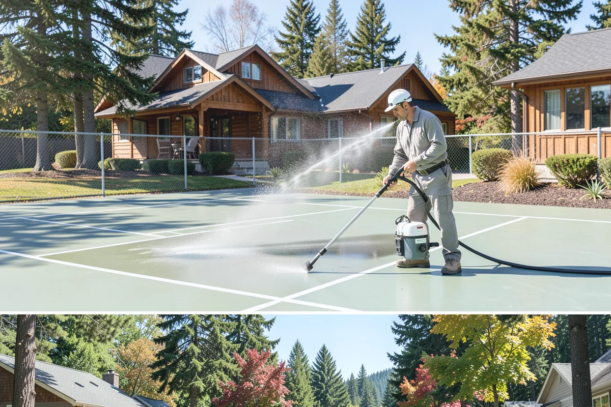 Pergola Cleaning in Orting, Pierce County, WA - Late spring cleans off the winter's mildew and needle buildup so the pergola is ready for the outdoor season.