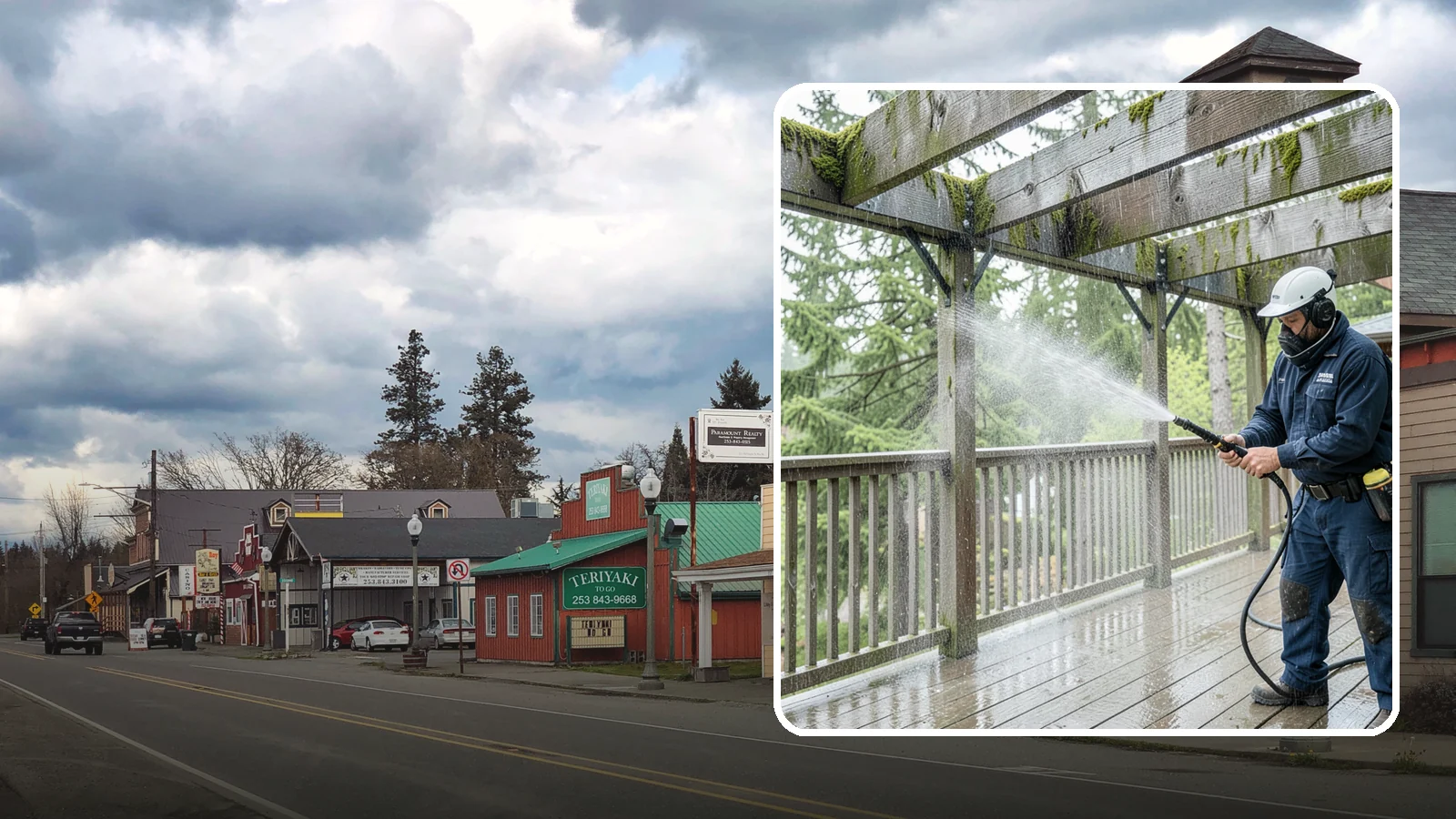 Pergola Cleaning in Roy, Pierce County, WA - Clean wood, vinyl, and metal pergolas to clear the moss, mildew, and needle debris that gather on the overhead beams.