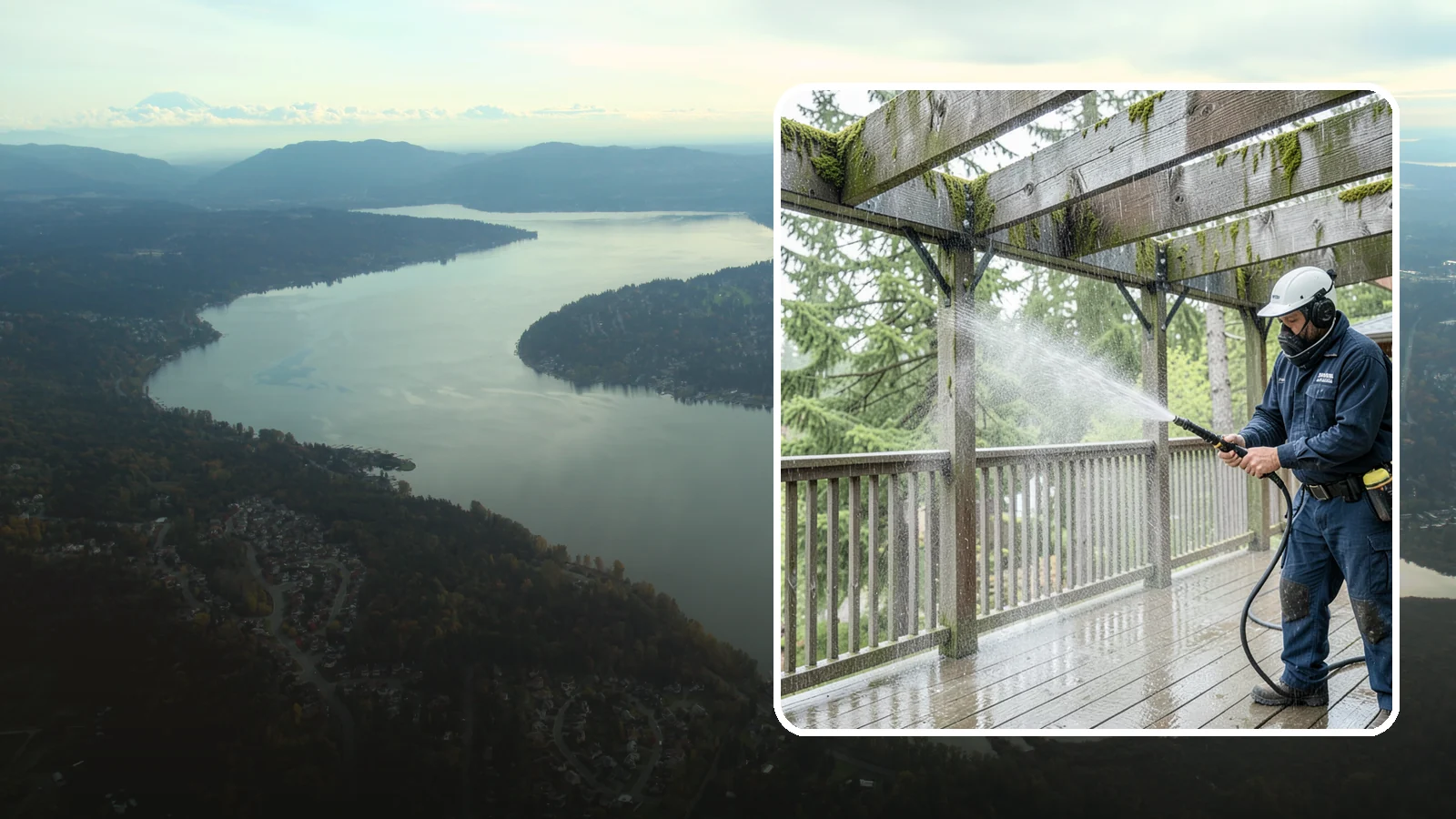 Pergola Cleaning in Sammamish, King County, WA - Clean wood, vinyl, and metal pergolas to clear the moss, mildew, and needle debris that gather on the overhead beams.