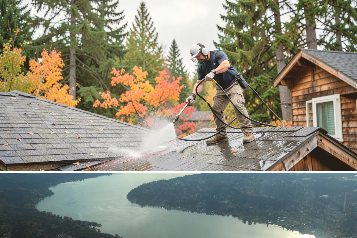 Pergola Cleaning in Sammamish, King County, WA - Late spring cleans off the winter's mildew and needle buildup so the pergola is ready for the outdoor season.