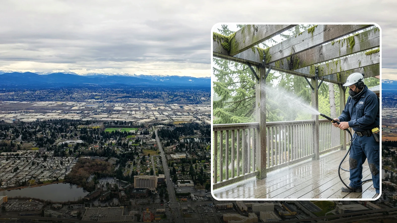 Pergola Cleaning in SeaTac, King County, WA - Clean wood, vinyl, and metal pergolas to clear the moss, mildew, and needle debris that gather on the overhead beams.