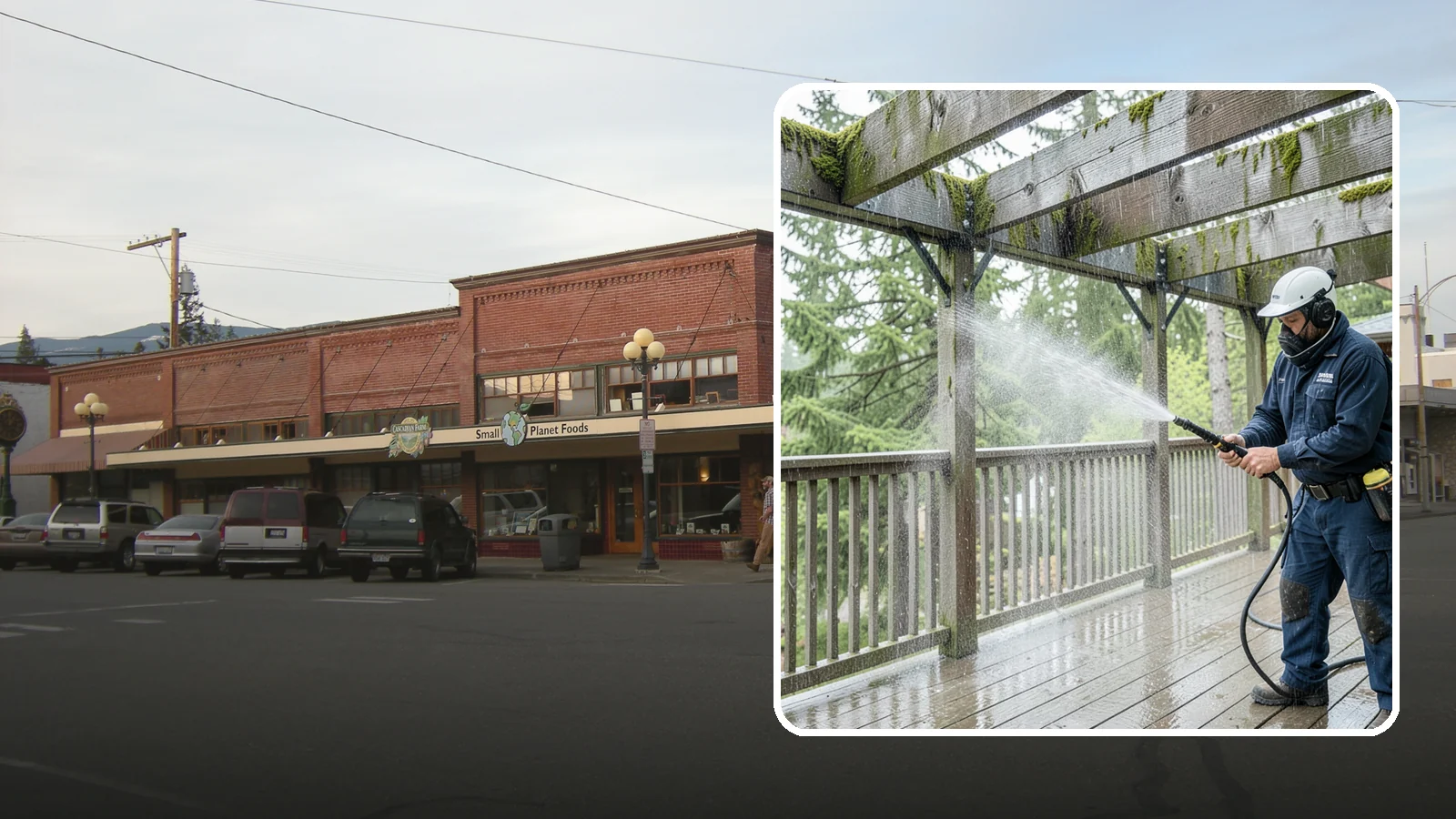 Pergola Cleaning in Sedro-Woolley, Skagit County, WA - Clean wood, vinyl, and metal pergolas to clear the moss, mildew, and needle debris that gather on the overhead beams.