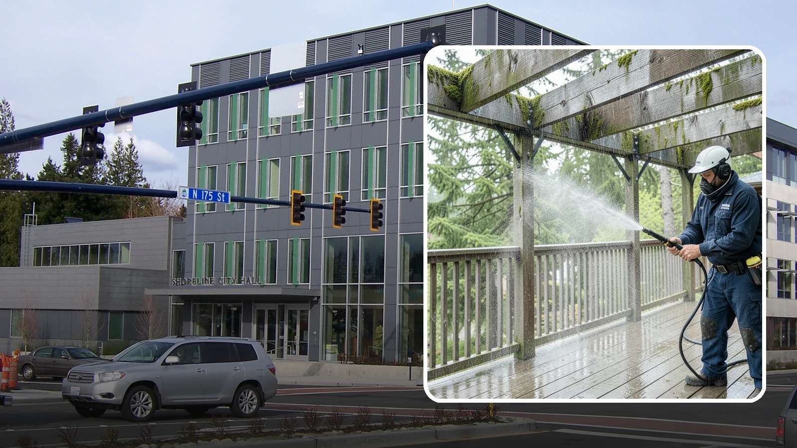 Pergola Cleaning in Shoreline, King County, WA - Clean wood, vinyl, and metal pergolas to clear the moss, mildew, and needle debris that gather on the overhead beams.