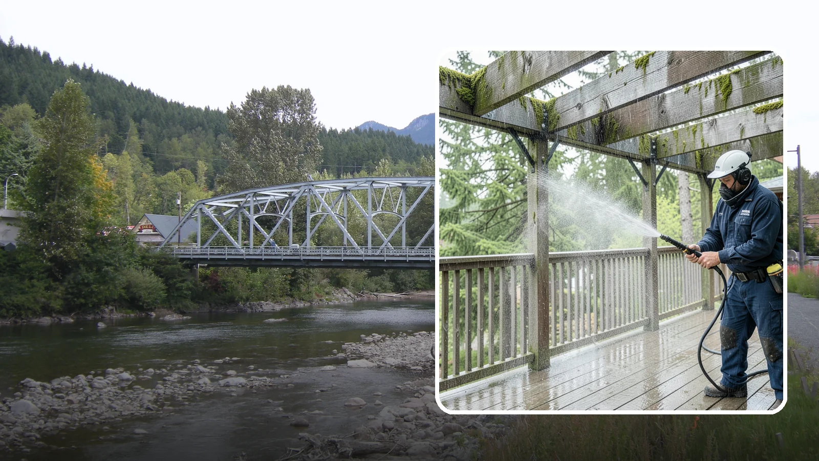 Pergola Cleaning in Skykomish, King County, WA - Clean wood, vinyl, and metal pergolas to clear the moss, mildew, and needle debris that gather on the overhead beams.