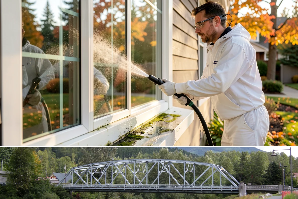 Pergola Cleaning in Skykomish, King County, WA - Late spring cleans off the winter's mildew and needle buildup so the pergola is ready for the outdoor season.