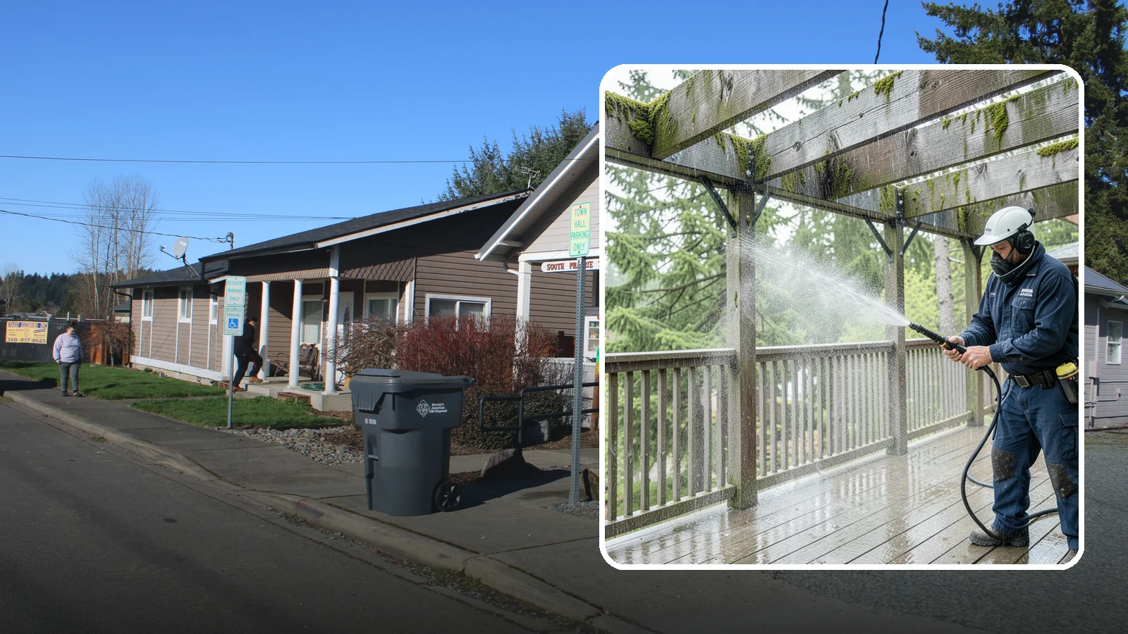 Pergola Cleaning in South Prairie, Pierce County, WA - Clean wood, vinyl, and metal pergolas to clear the moss, mildew, and needle debris that gather on the overhead beams.