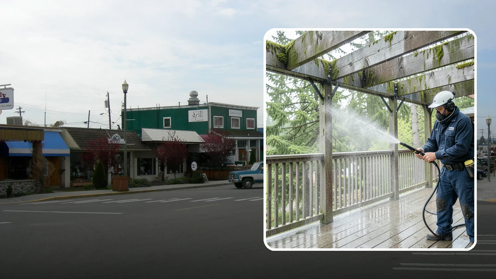 Pergola Cleaning in Stanwood, Snohomish County, WA - Clean wood, vinyl, and metal pergolas to clear the moss, mildew, and needle debris that gather on the overhead beams.