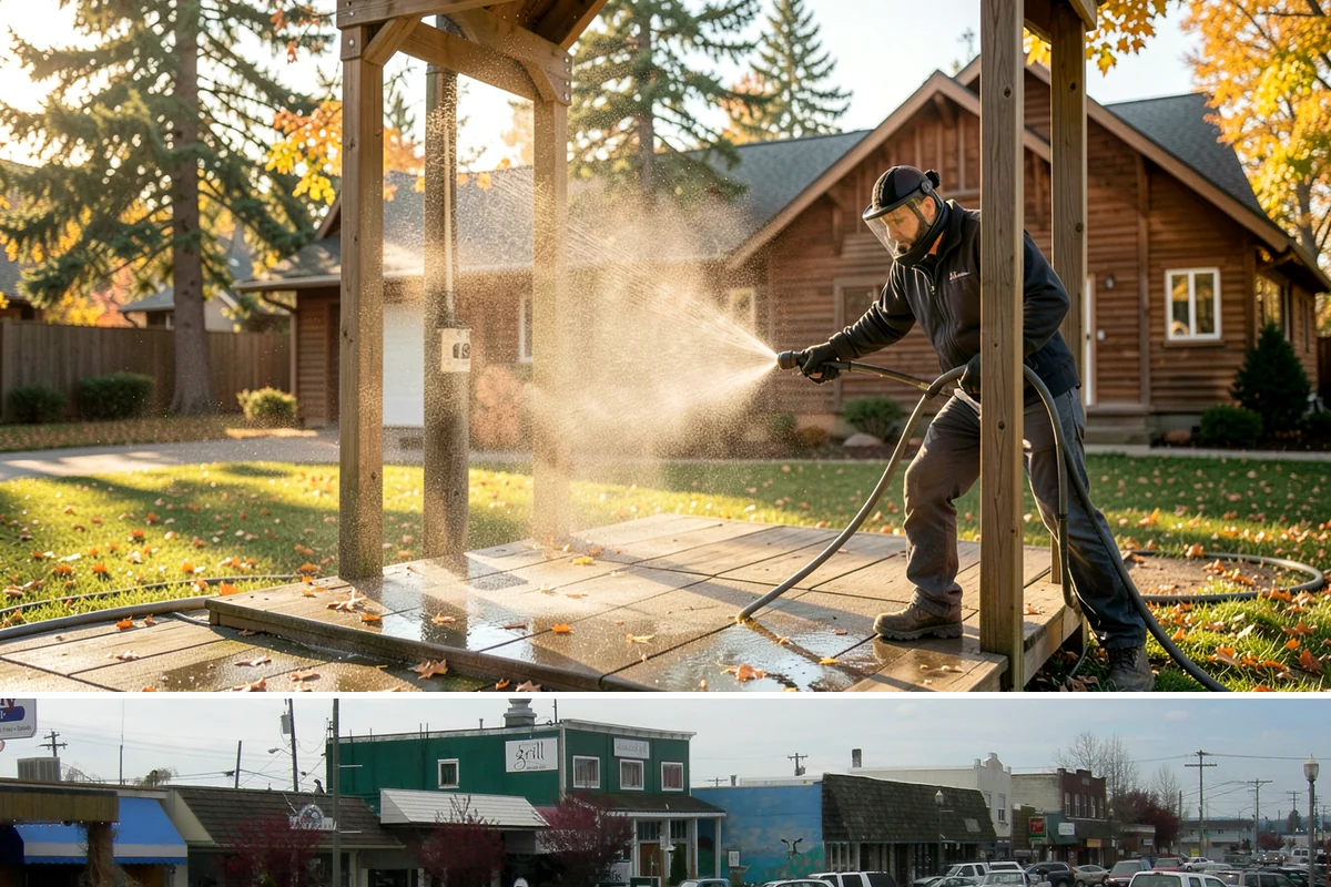 Pergola Cleaning in Stanwood, Snohomish County, WA - Late spring cleans off the winter's mildew and needle buildup so the pergola is ready for the outdoor season.