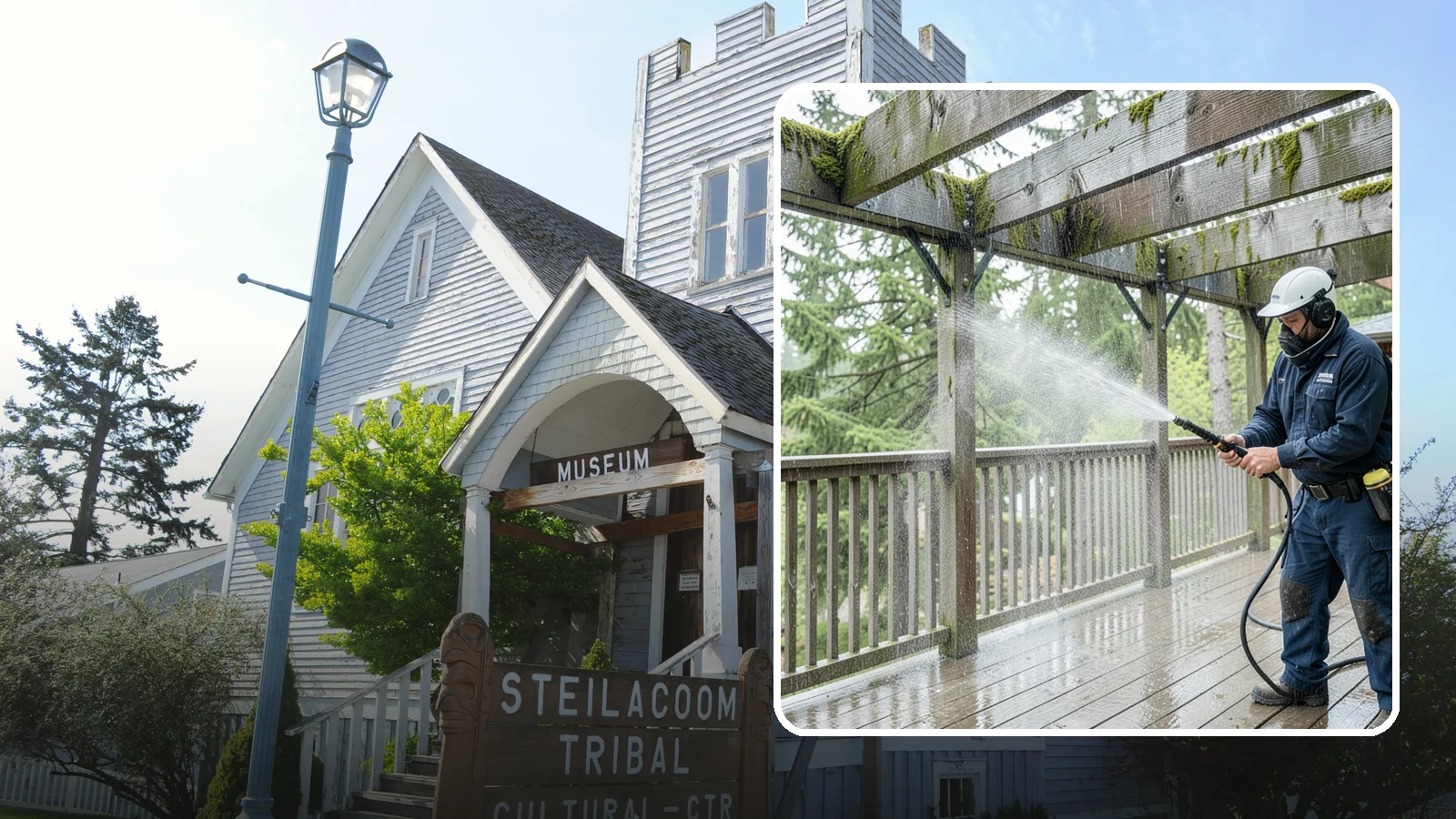Pergola Cleaning in Steilacoom, Pierce County, WA - Clean wood, vinyl, and metal pergolas to clear the moss, mildew, and needle debris that gather on the overhead beams.
