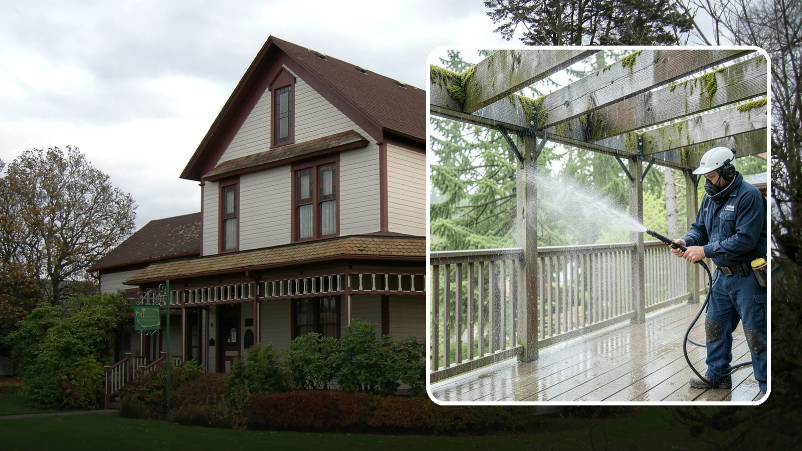 Pergola Cleaning in Sumner, Pierce County, WA - Clean wood, vinyl, and metal pergolas to clear the moss, mildew, and needle debris that gather on the overhead beams.