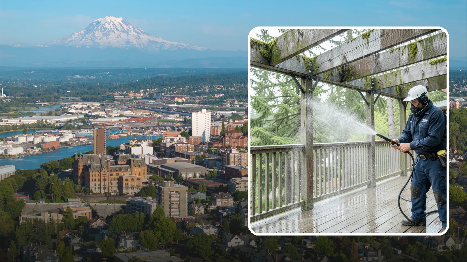 Pergola Cleaning in Tacoma, Pierce County, WA - Clean wood, vinyl, and metal pergolas to clear the moss, mildew, and needle debris that gather on the overhead beams.