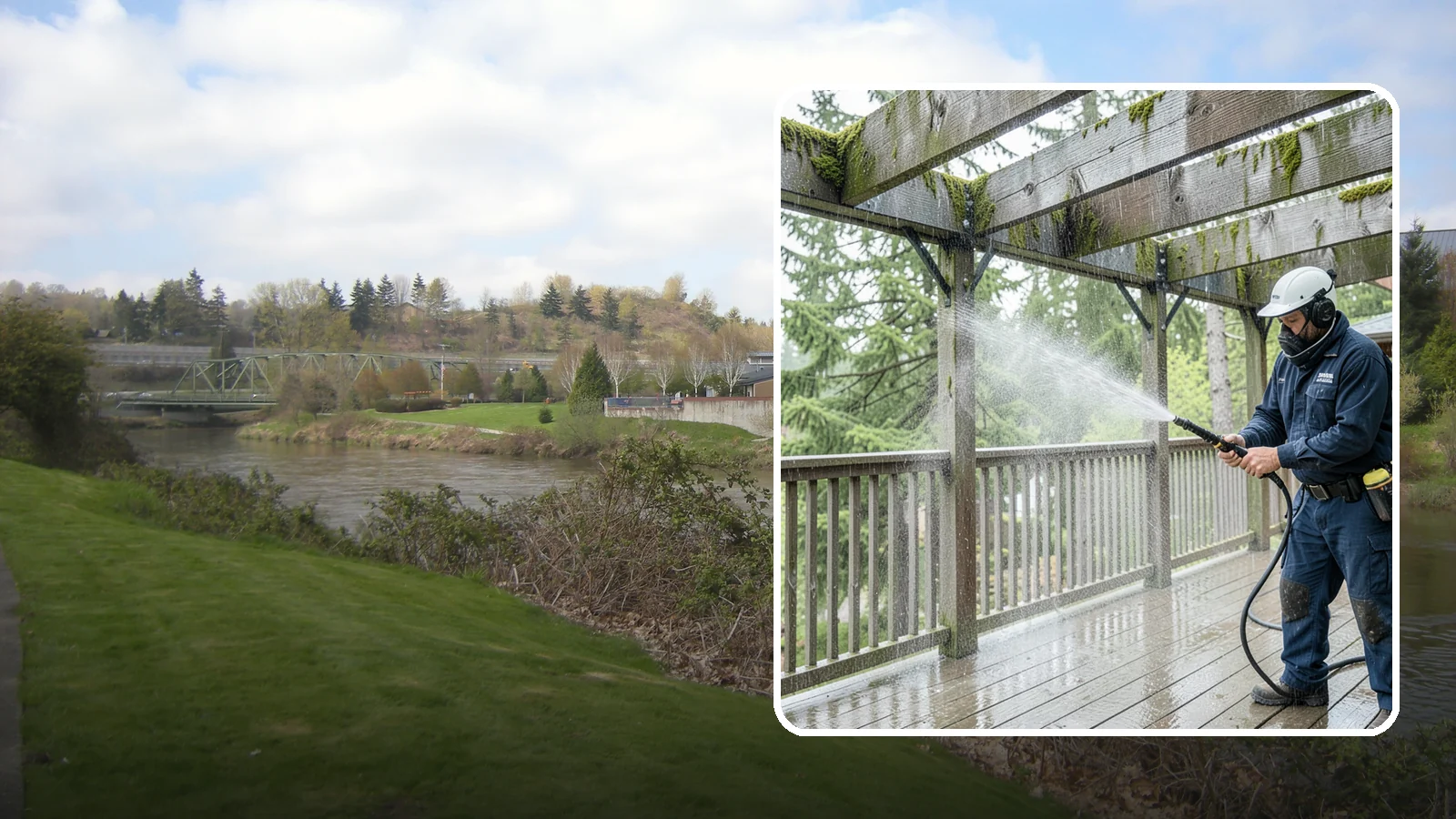 Pergola Cleaning in Tukwila, King County, WA - Clean wood, vinyl, and metal pergolas to clear the moss, mildew, and needle debris that gather on the overhead beams.