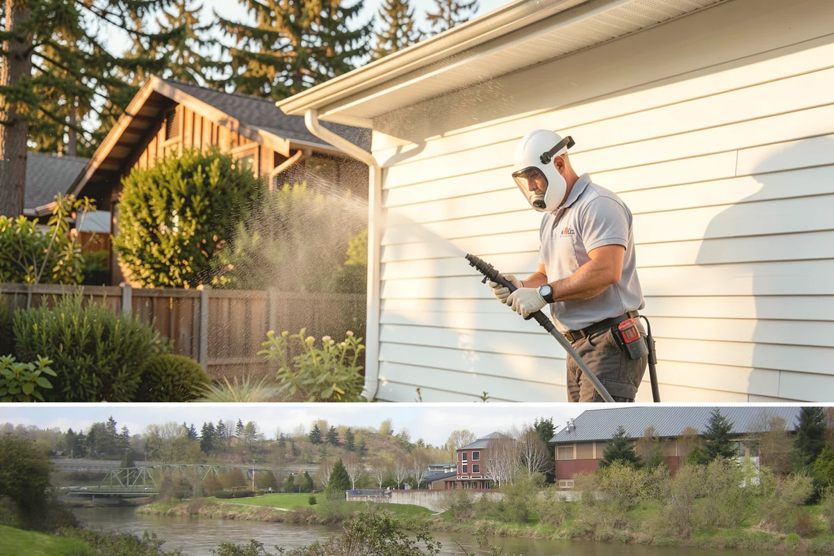 Pergola Cleaning in Tukwila, King County, WA - Late spring cleans off the winter's mildew and needle buildup so the pergola is ready for the outdoor season.