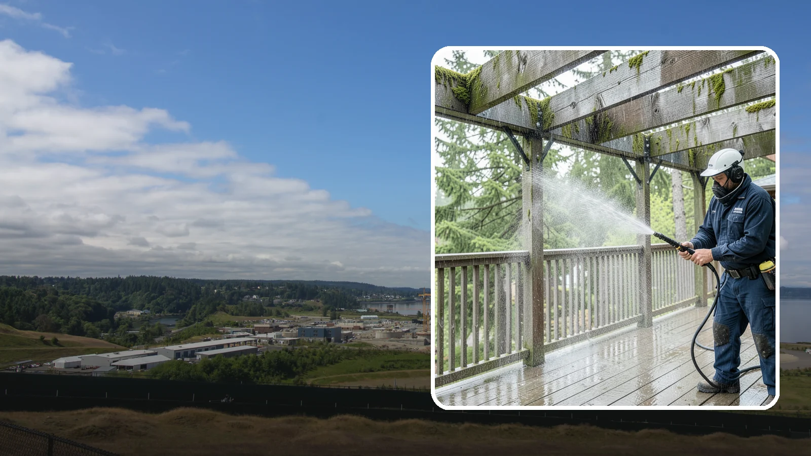 Pergola Cleaning in University Place, Pierce County, WA - Clean wood, vinyl, and metal pergolas to clear the moss, mildew, and needle debris that gather on the overhead beams.