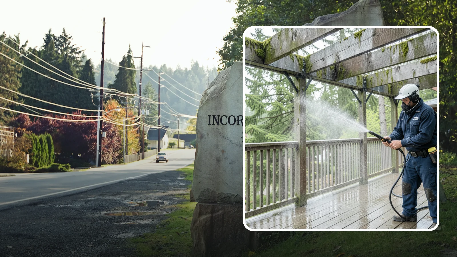 Pergola Cleaning in Wilkeson, Pierce County, WA - Clean wood, vinyl, and metal pergolas to clear the moss, mildew, and needle debris that gather on the overhead beams.