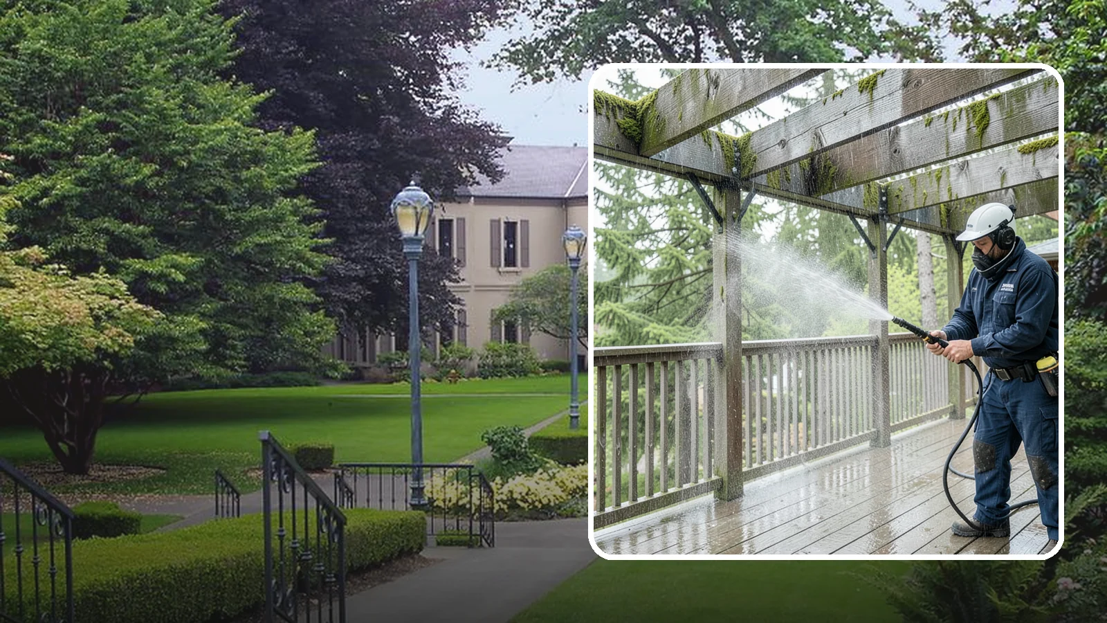 Pergola Cleaning in Woodinville, King County, WA - Clean wood, vinyl, and metal pergolas to clear the moss, mildew, and needle debris that gather on the overhead beams.
