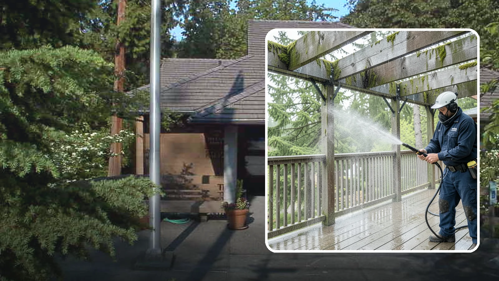 Pergola Cleaning in Yarrow Point, King County, WA - Clean wood, vinyl, and metal pergolas to clear the moss, mildew, and needle debris that gather on the overhead beams.
