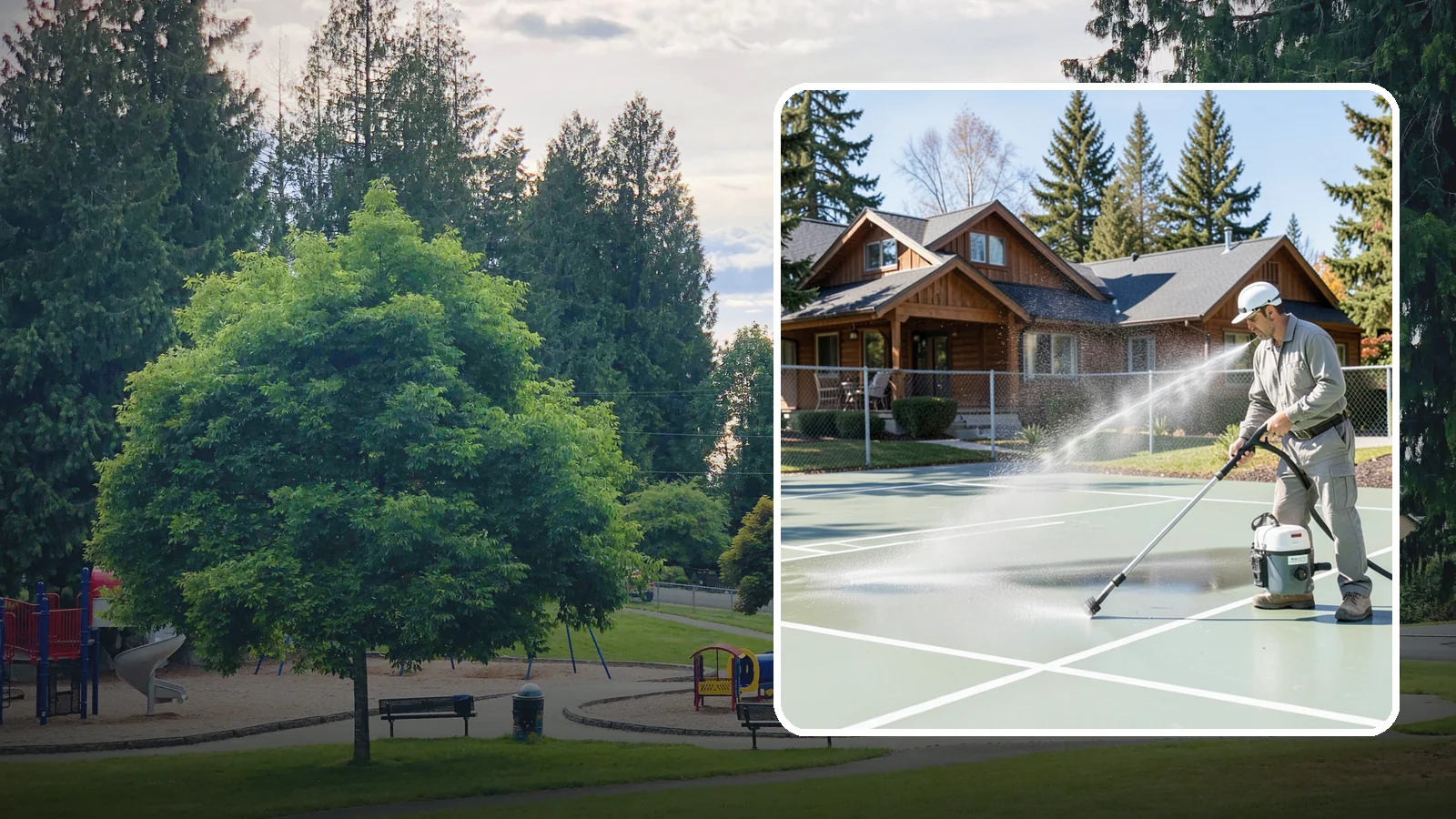 Pickleball Court Cleaning in Bonney Lake, Pierce County, WA - We clean pickleball courts so the fast-growing sport's surface stays grippy and line-crisp despite constant Northwest moisture.