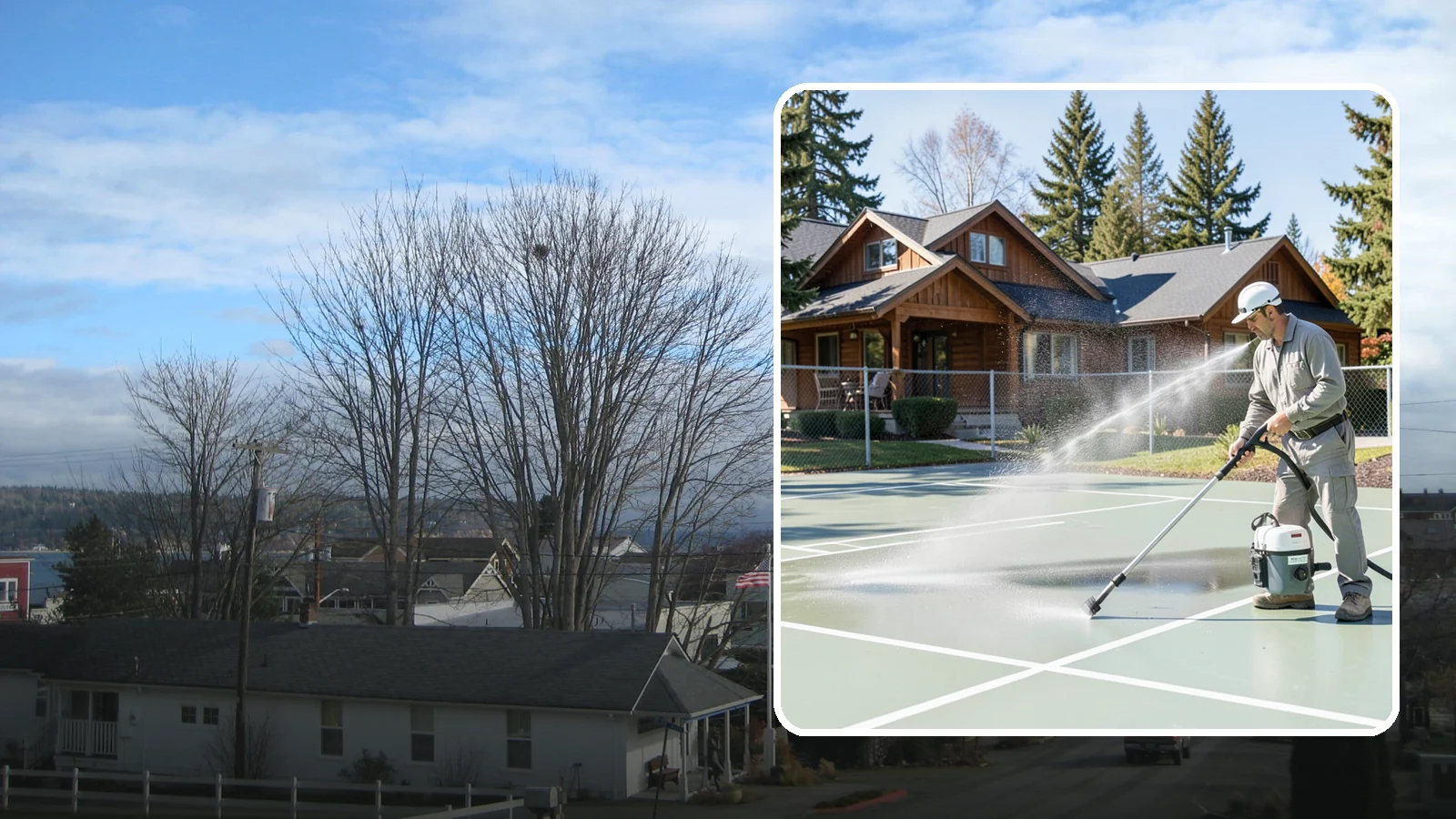 Pickleball Court Cleaning in Langley, Island County, WA - We clean pickleball courts so the fast-growing sport's surface stays grippy and line-crisp despite constant Northwest moisture.