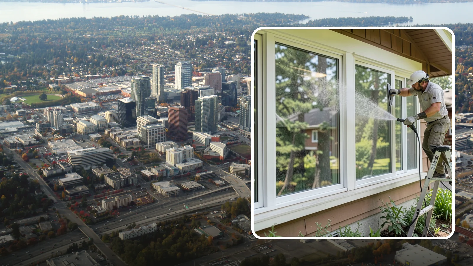 Picture Window Cleaning in Bellevue, King County, WA - Cleaning of large picture windows so the wide, unobstructed view stays crystal clear year-round.