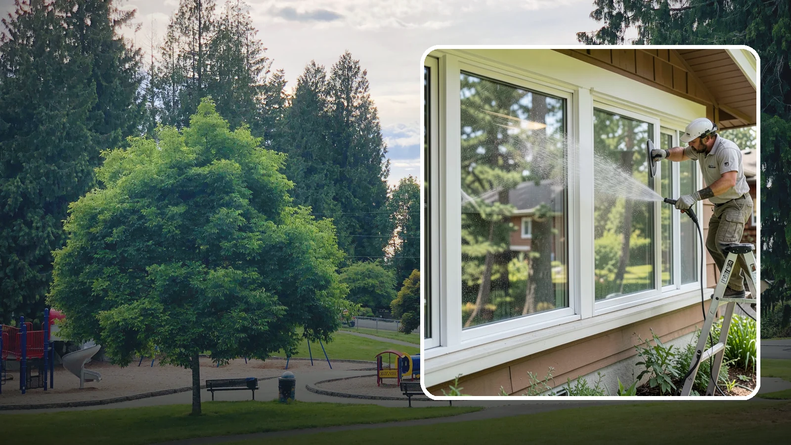 Picture Window Cleaning in Bonney Lake, Pierce County, WA - Cleaning of large picture windows so the wide, unobstructed view stays crystal clear year-round.
