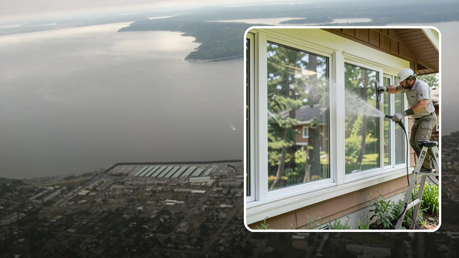 Picture Window Cleaning in Des Moines, King County, WA - Cleaning of large picture windows so the wide, unobstructed view stays crystal clear year-round.