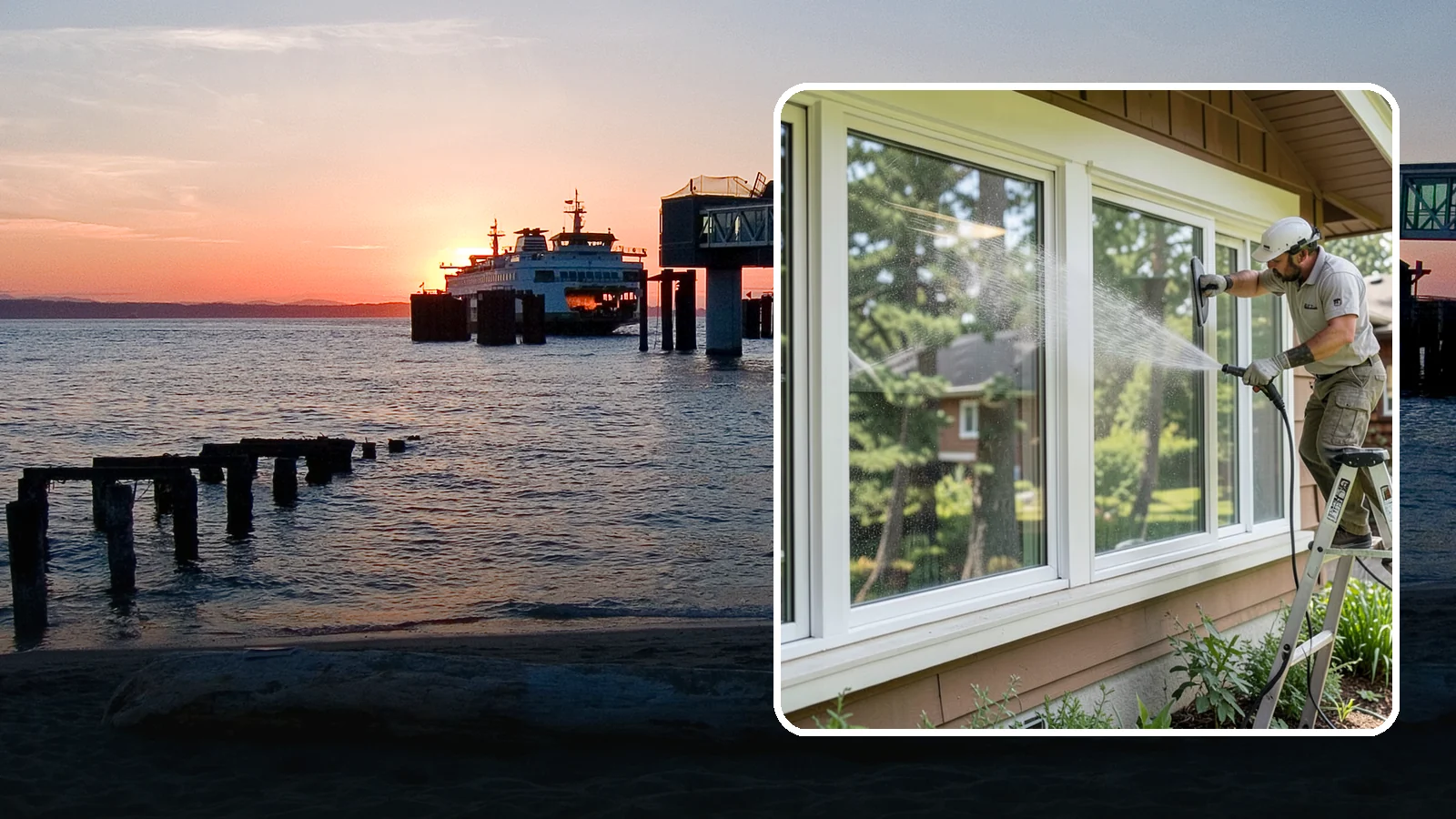 Picture Window Cleaning in Edmonds, Snohomish County, WA - Cleaning of large picture windows so the wide, unobstructed view stays crystal clear year-round.