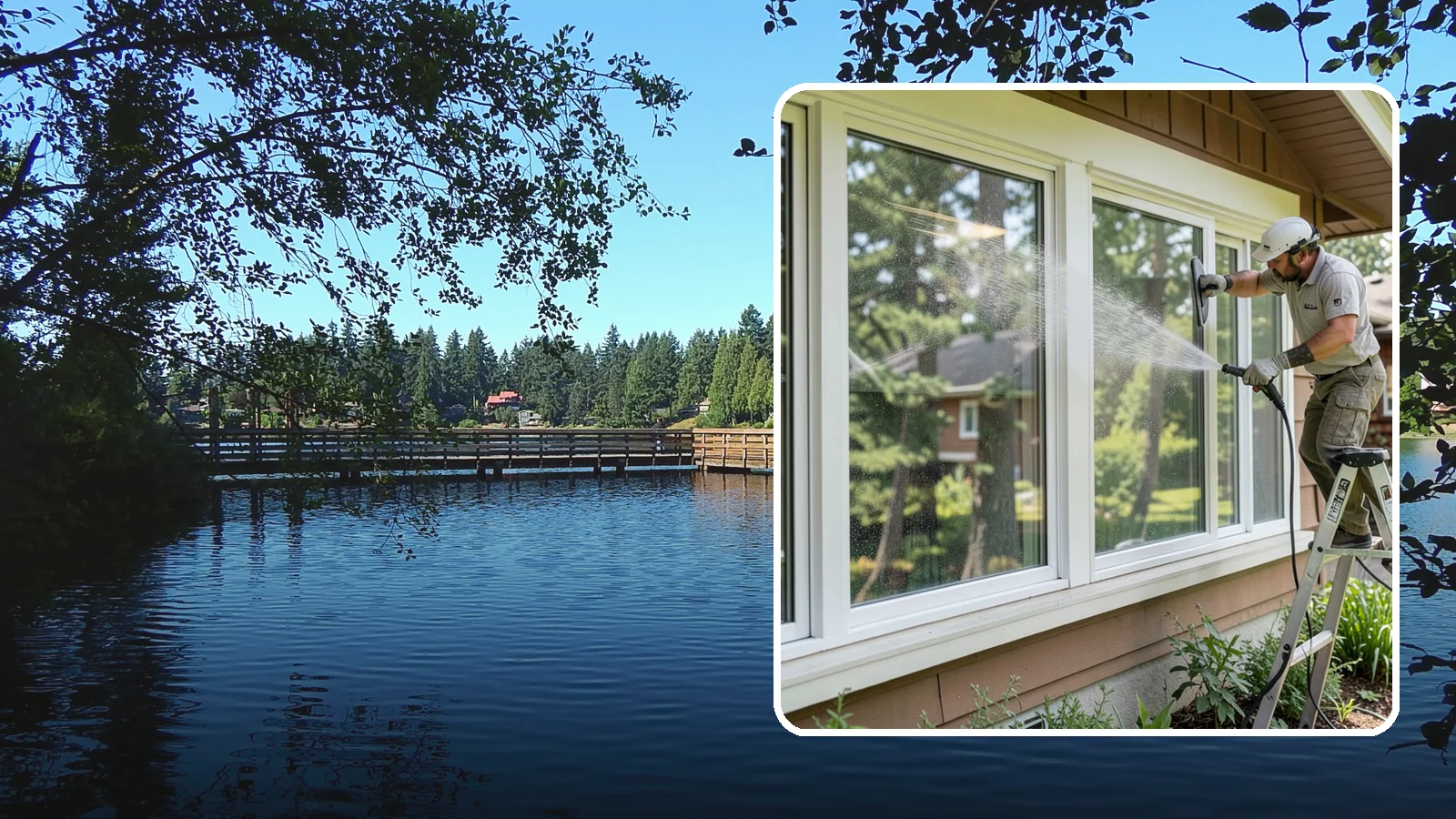 Picture Window Cleaning in Federal Way, King County, WA - Cleaning of large picture windows so the wide, unobstructed view stays crystal clear year-round.
