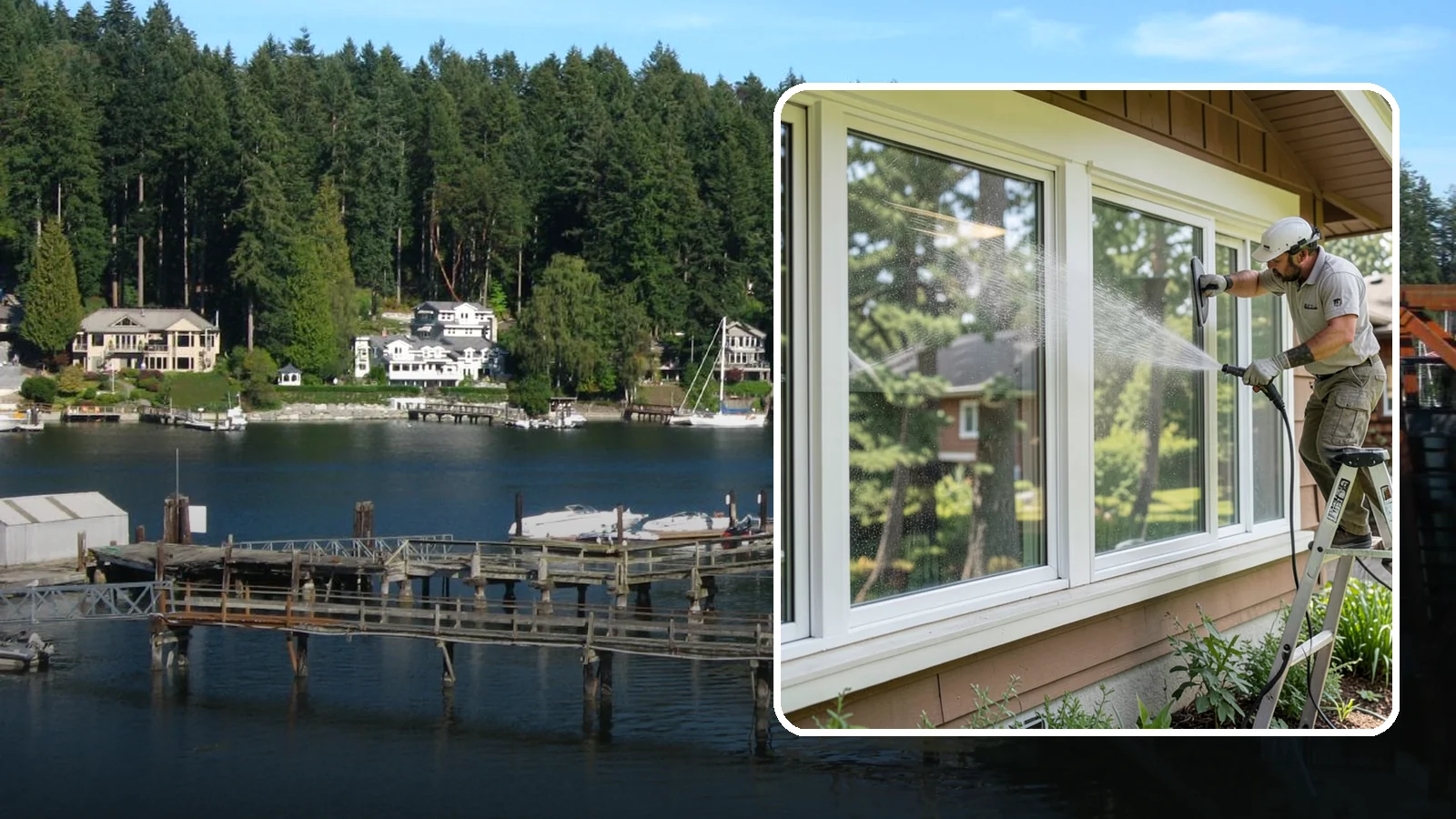 Picture Window Cleaning in Gig Harbor, Pierce County, WA - Cleaning of large picture windows so the wide, unobstructed view stays crystal clear year-round.
