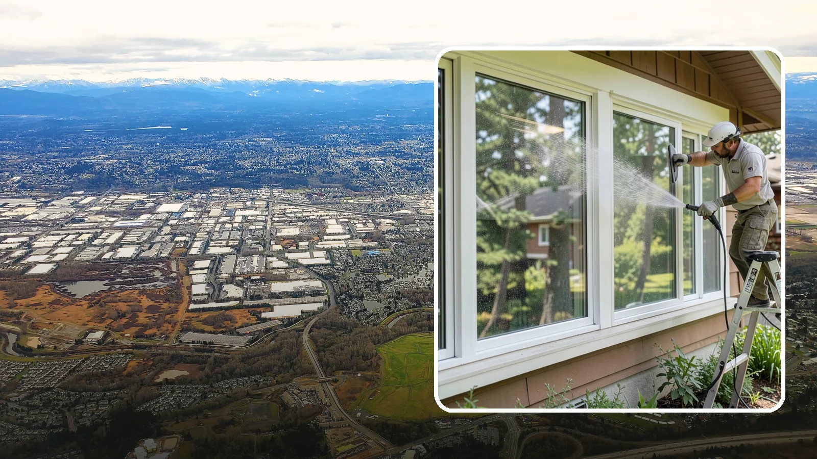 Picture Window Cleaning in Kent, King County, WA - Cleaning of large picture windows so the wide, unobstructed view stays crystal clear year-round.