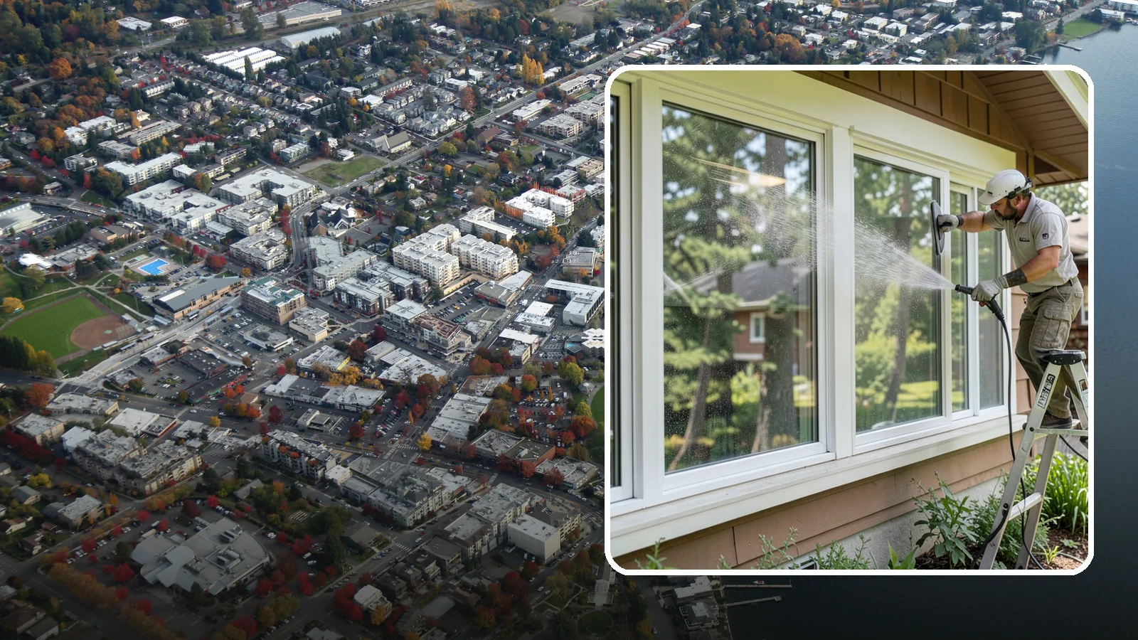 Picture Window Cleaning in Kirkland, King County, WA - Cleaning of large picture windows so the wide, unobstructed view stays crystal clear year-round.